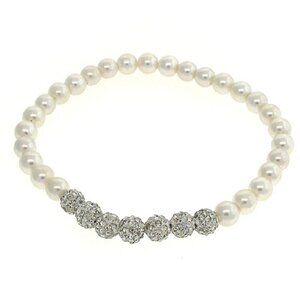 6mm Faux Pearl with Pave Crystal Rounds Beaded Stretch Bracelet